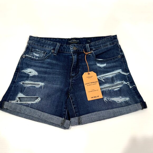 Lucky Brand "The Roll Up" Denim Jean Shorts Distressed Ripped sz 6 - Picture 1 of 7